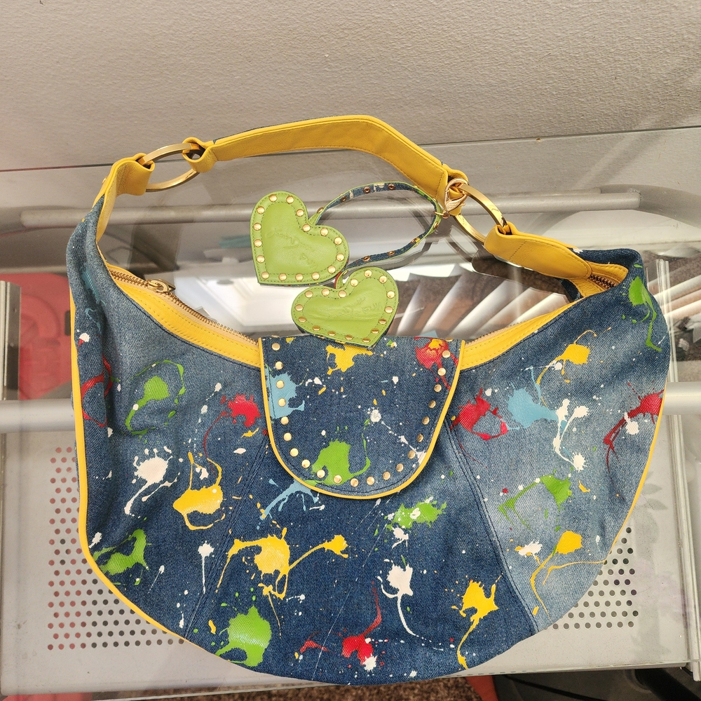 Junior Drake Y2K Paint Splatter Denim Shoulder Bag Heart Charms - Picture 2 of 10